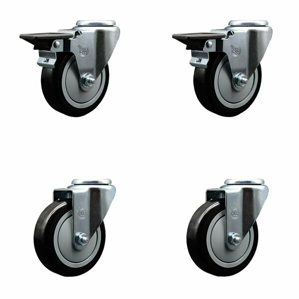 Service Caster 4'' Black Poly Wheel Swivel Bolt Hole Caster Set with 2 Posi Lock Brakes, 4PK SCC-BH20S414-PPUB-BLK-PLB-2-S-2